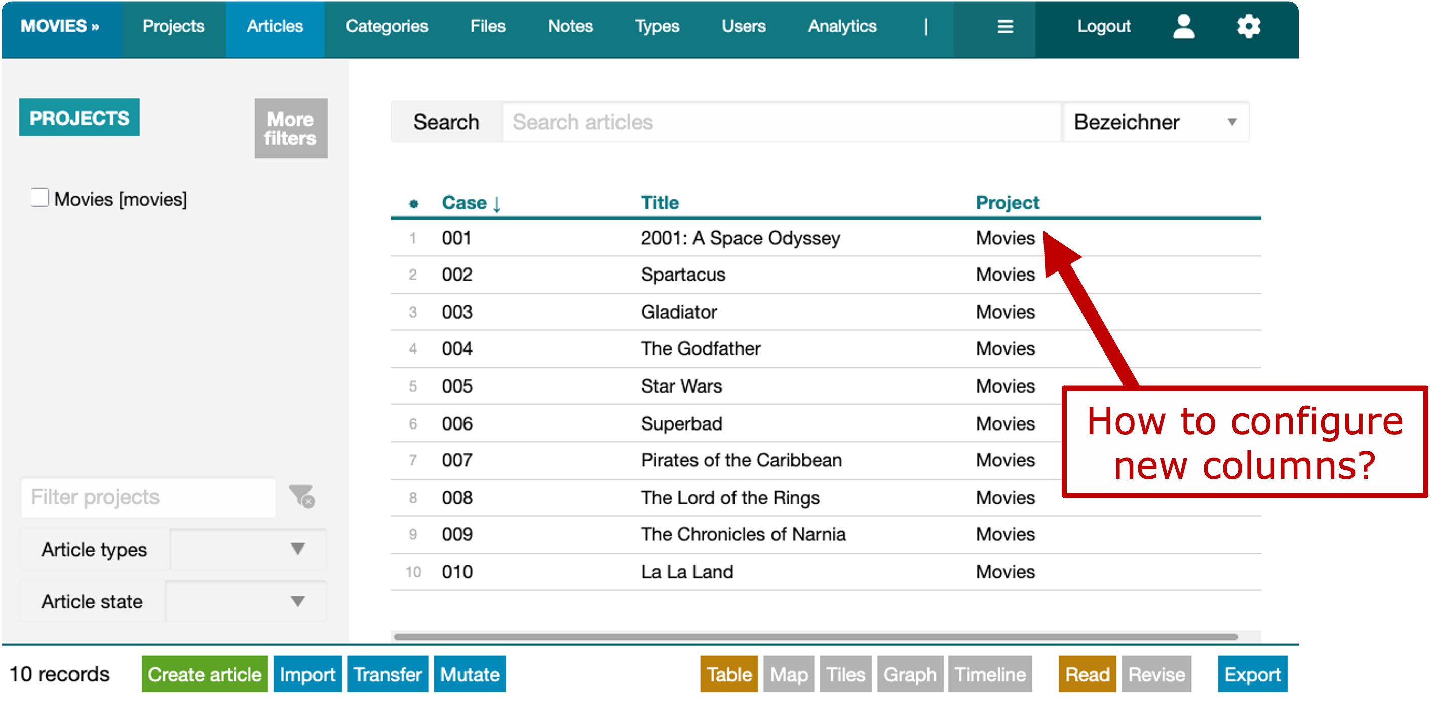 Table view of the movies database